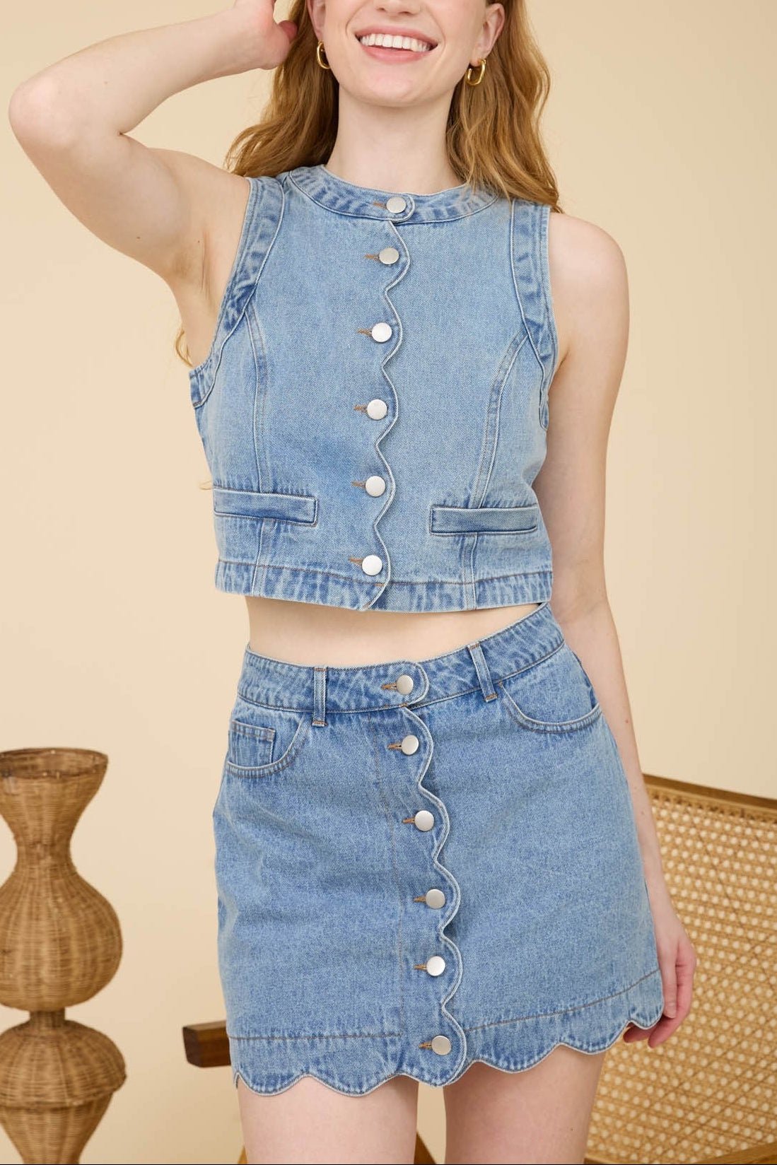 Scalloped Sleeveless Washed Denim Top - MTT Collective