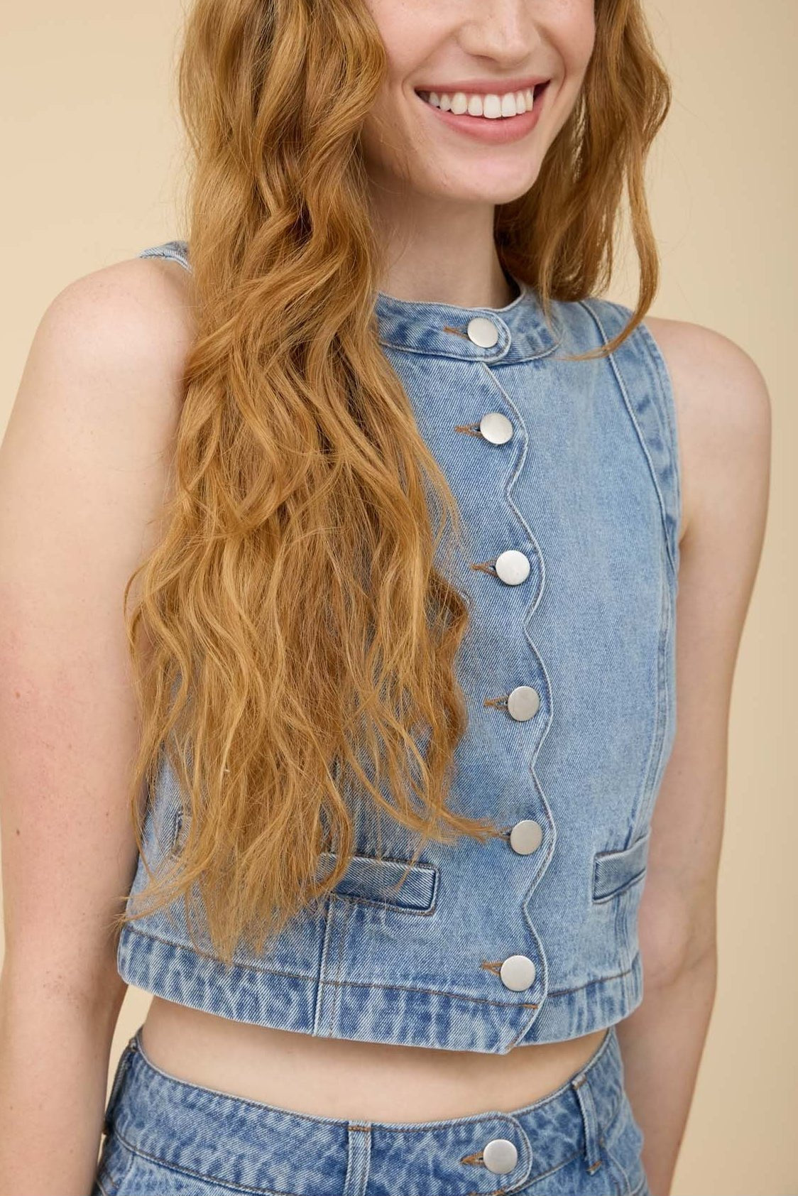 Scalloped Sleeveless Washed Denim Top - MTT Collective