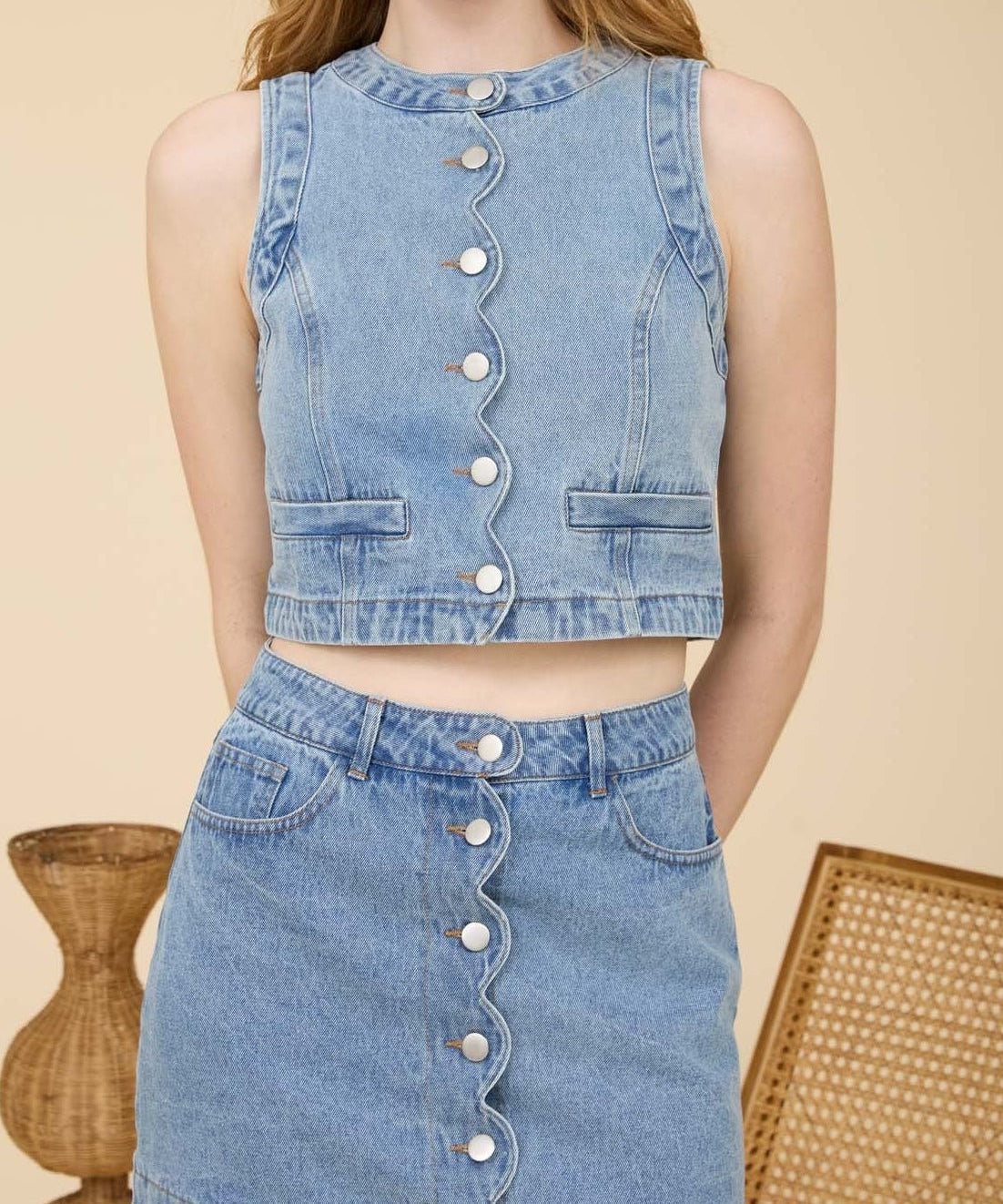 Scalloped Sleeveless Washed Denim Top - MTT Collective