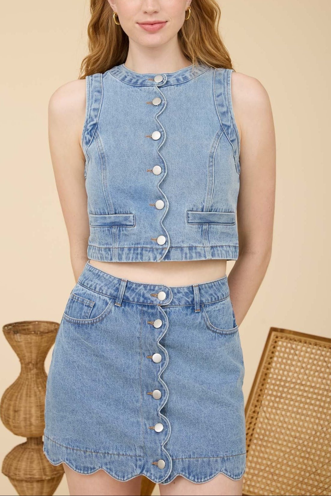 Scalloped Sleeveless Washed Denim Top - MTT Collective