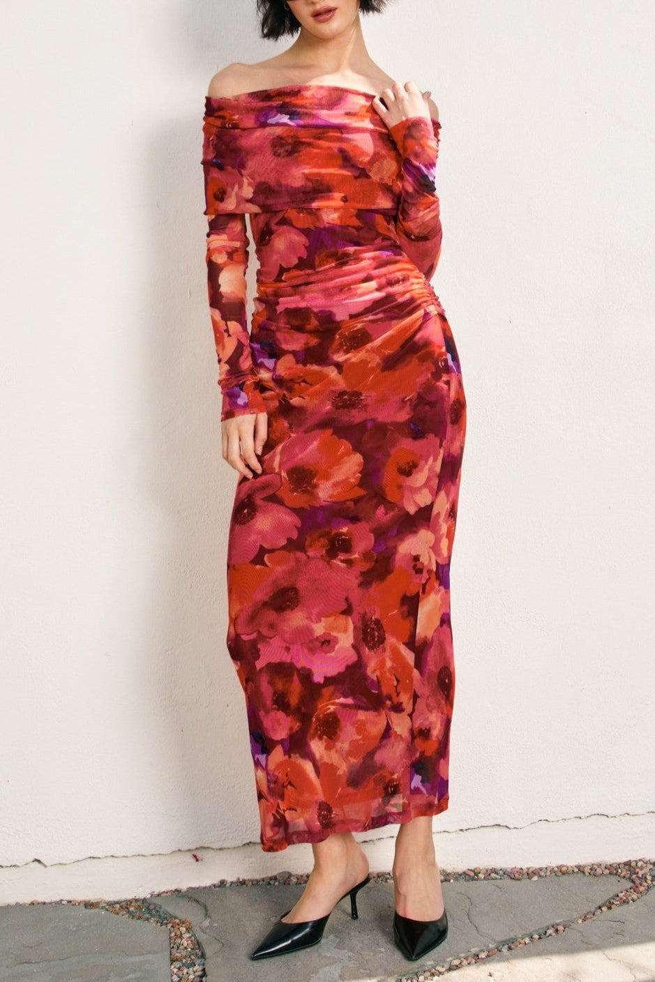 Sienna Off - Shoulder Mesh Long - Sleeve Midi Dress - MTT Collective