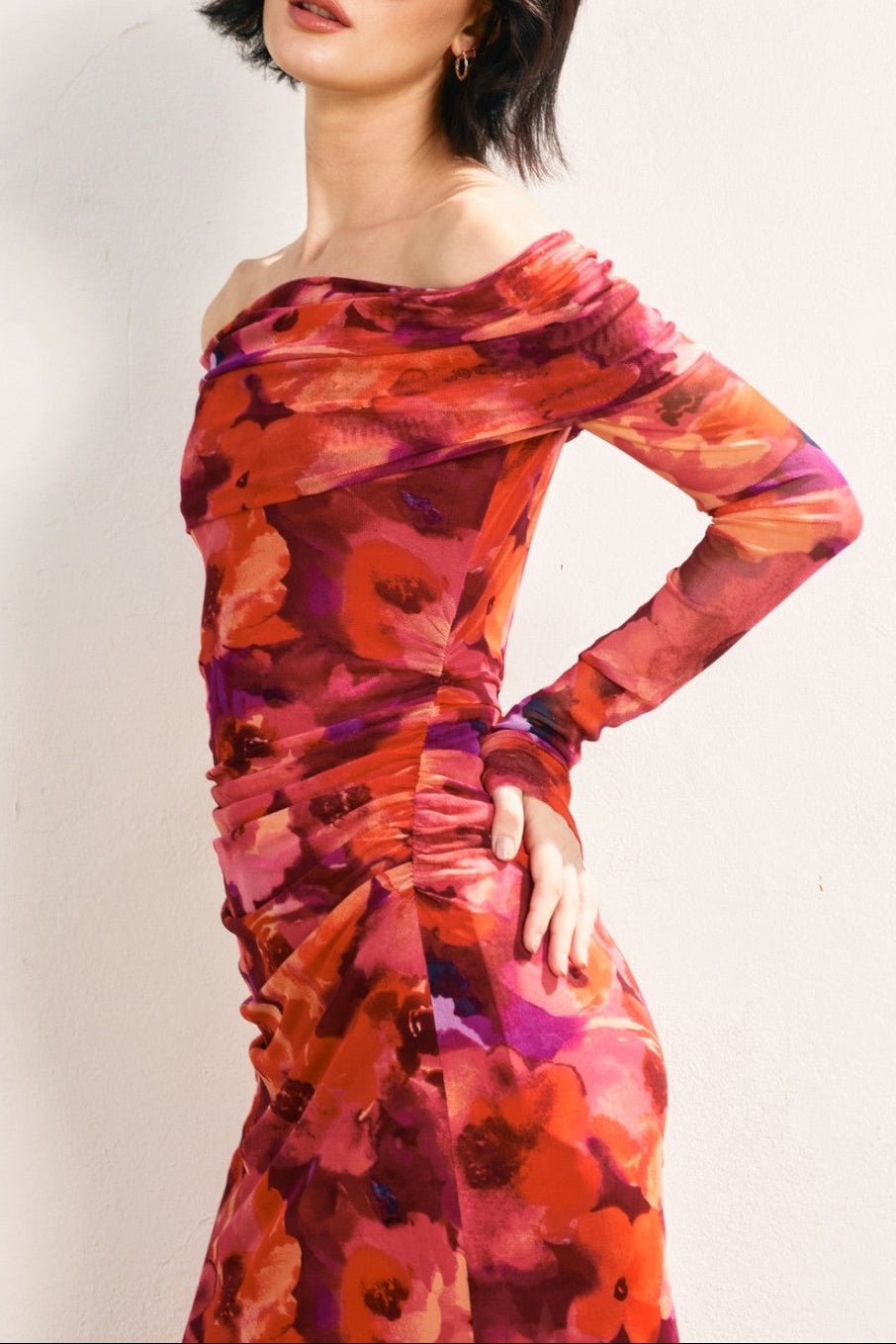 Sienna Off - Shoulder Mesh Long - Sleeve Midi Dress - MTT Collective