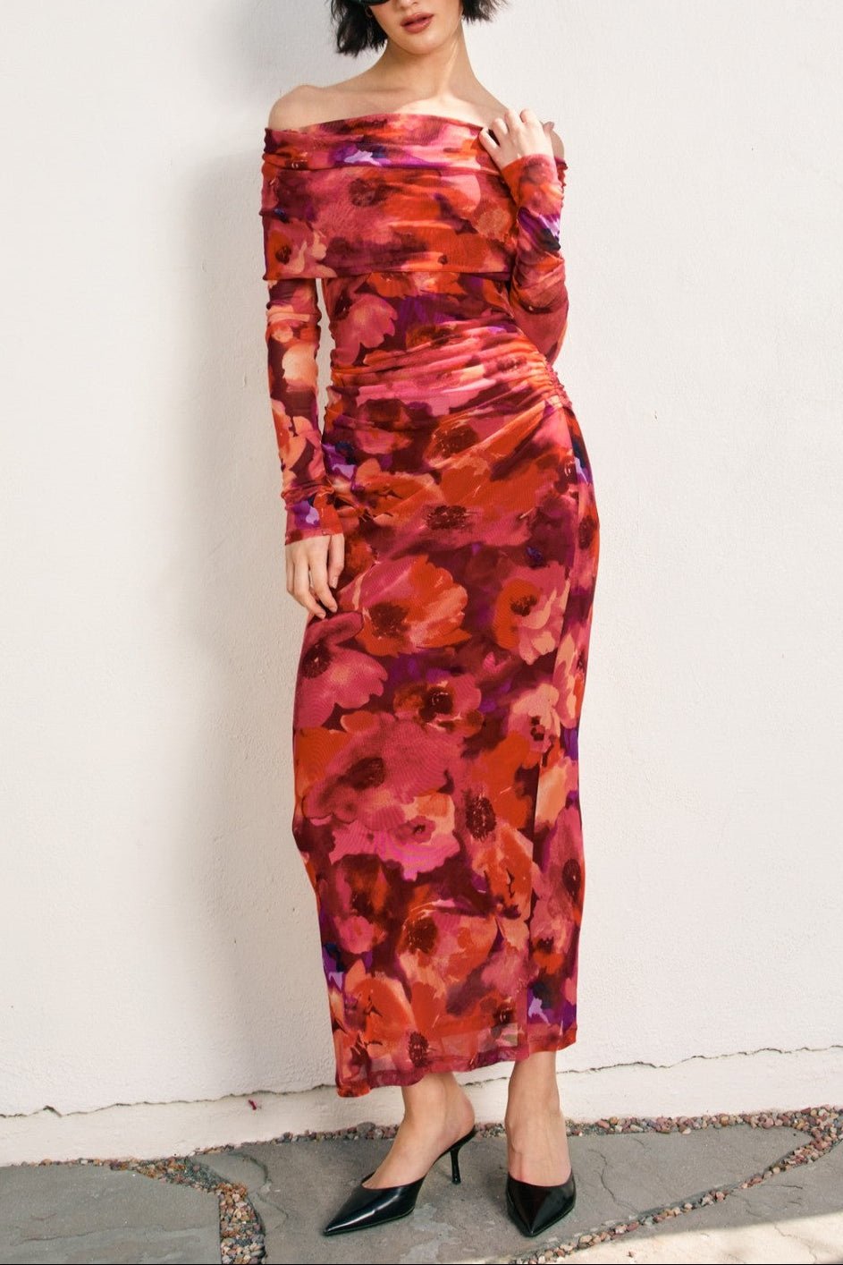 Sienna Off - Shoulder Mesh Long - Sleeve Midi Dress - MTT Collective