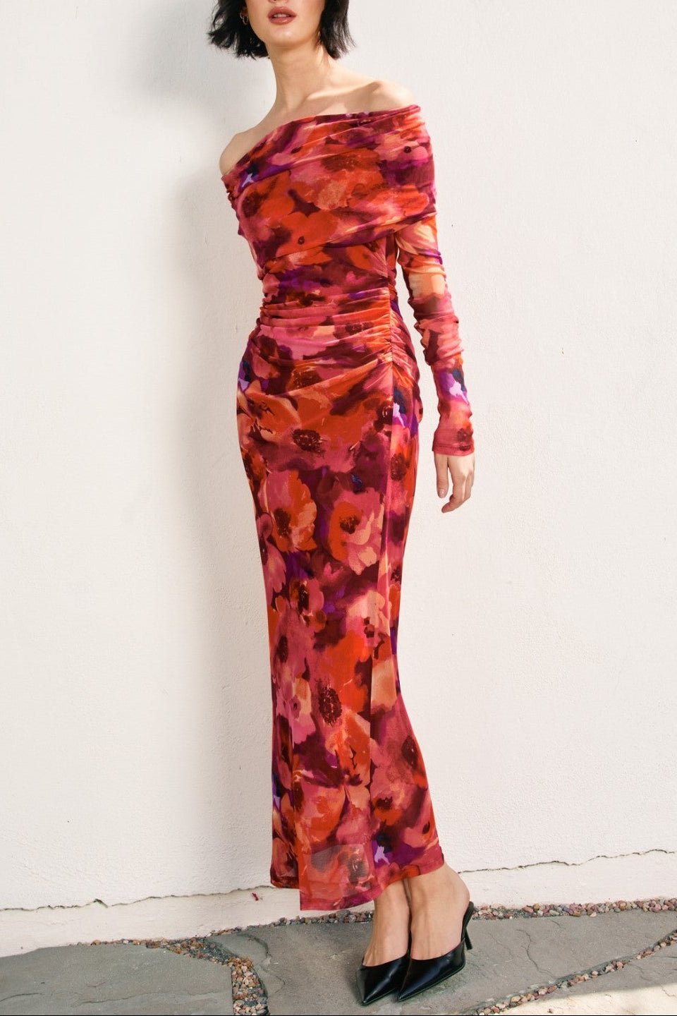 Sienna Off - Shoulder Mesh Long - Sleeve Midi Dress - MTT Collective