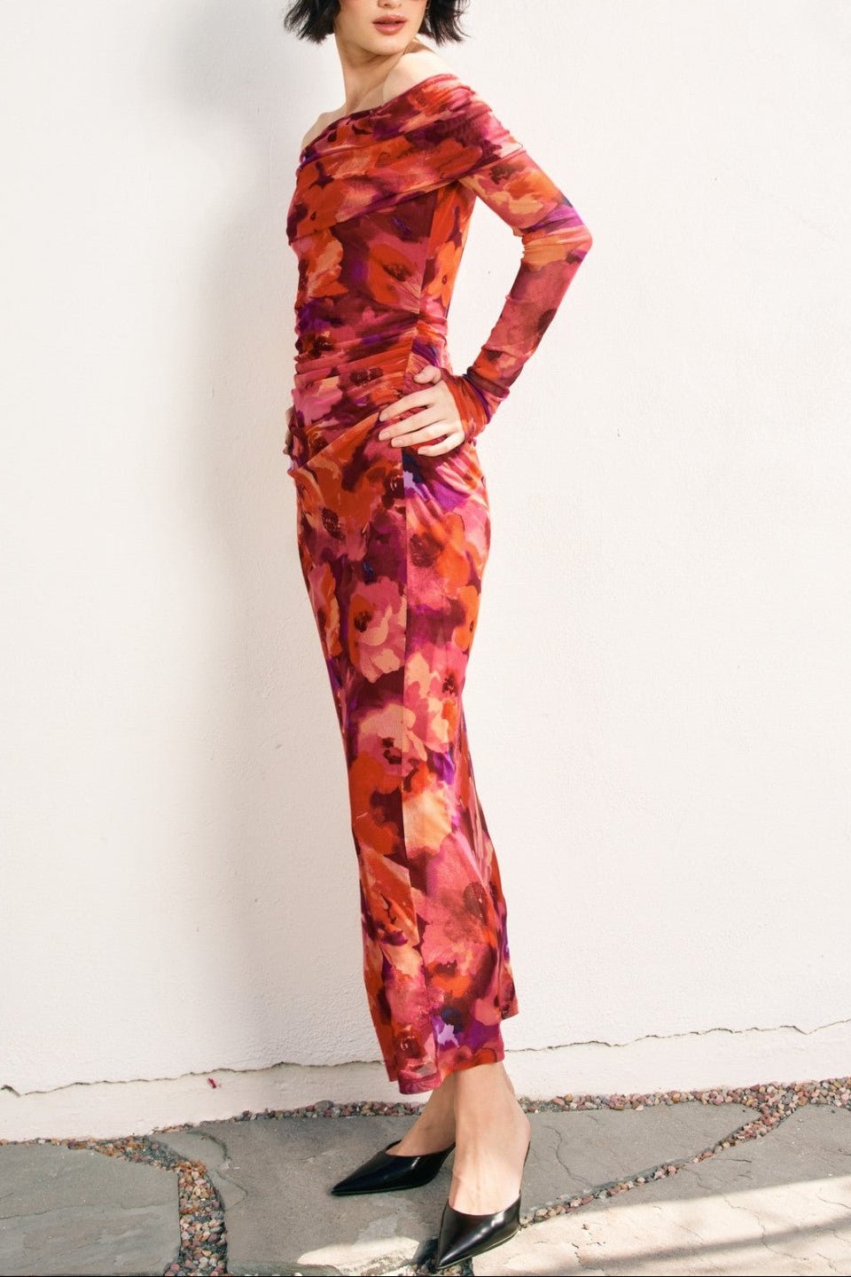 Sienna Off - Shoulder Mesh Long - Sleeve Midi Dress - MTT Collective