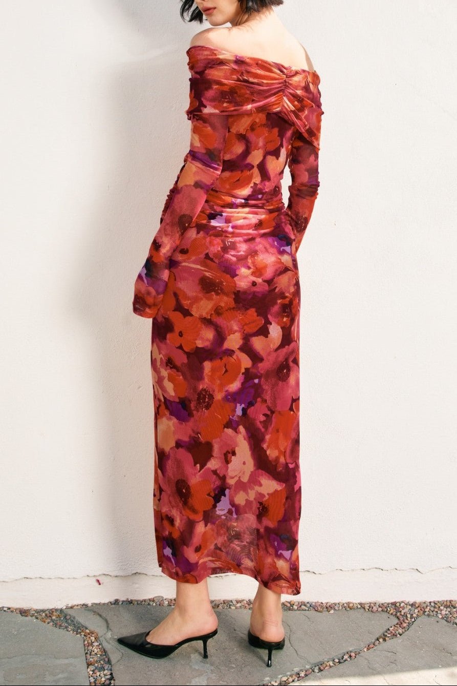 Sienna Off - Shoulder Mesh Long - Sleeve Midi Dress - MTT Collective