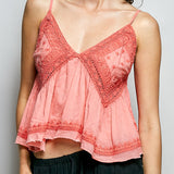 POL SMQA12 Peach Echo embroidered woven lace trim top - front view