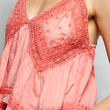 POL SMQA12 Peach Echo embroidered woven lace trim top - full body