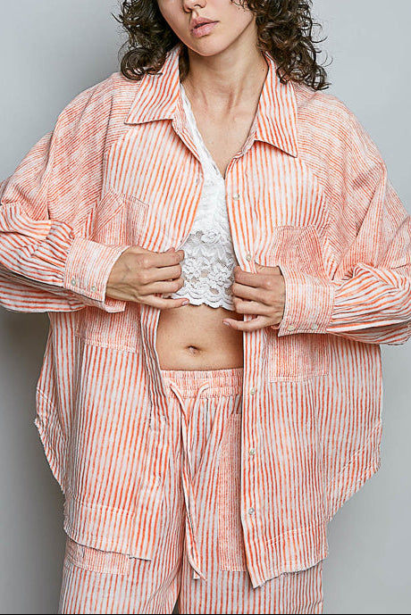 Orange stripe oversized raglan button shirt - front full outfit view