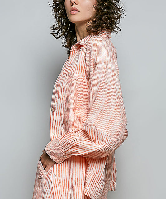 Orange stripe oversized raglan button shirt - side view