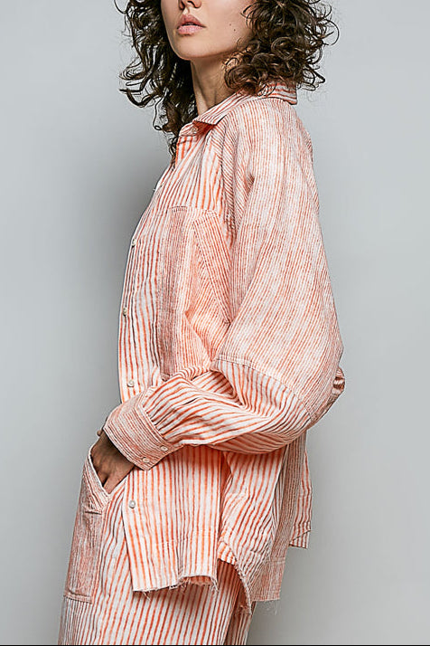 Orange stripe oversized raglan button shirt - side view