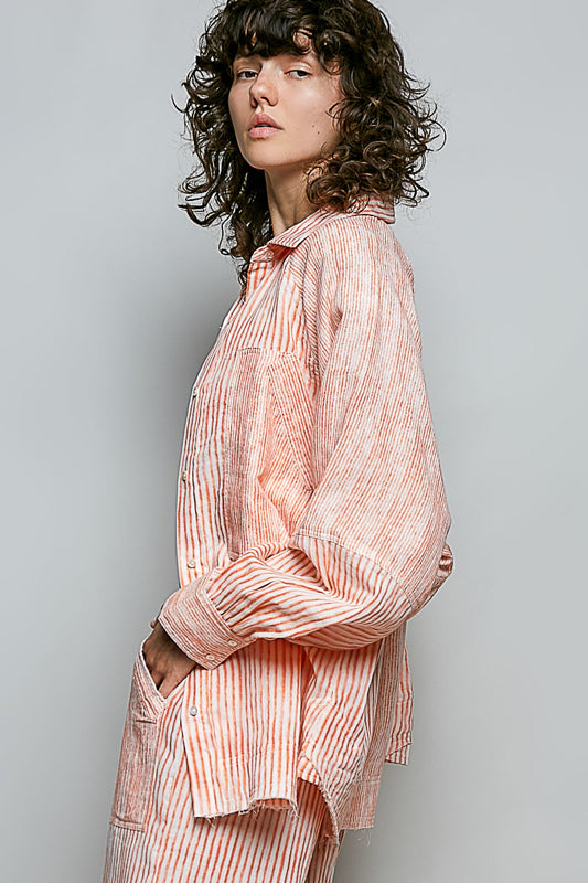 Orange stripe oversized raglan button shirt - side view