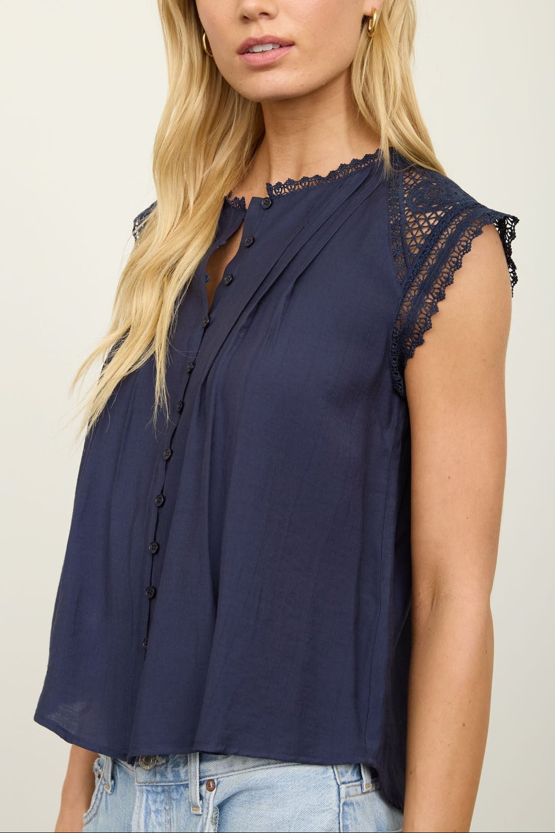 Soft Flow Lace Detail Button Front Blouse - MTT Collective