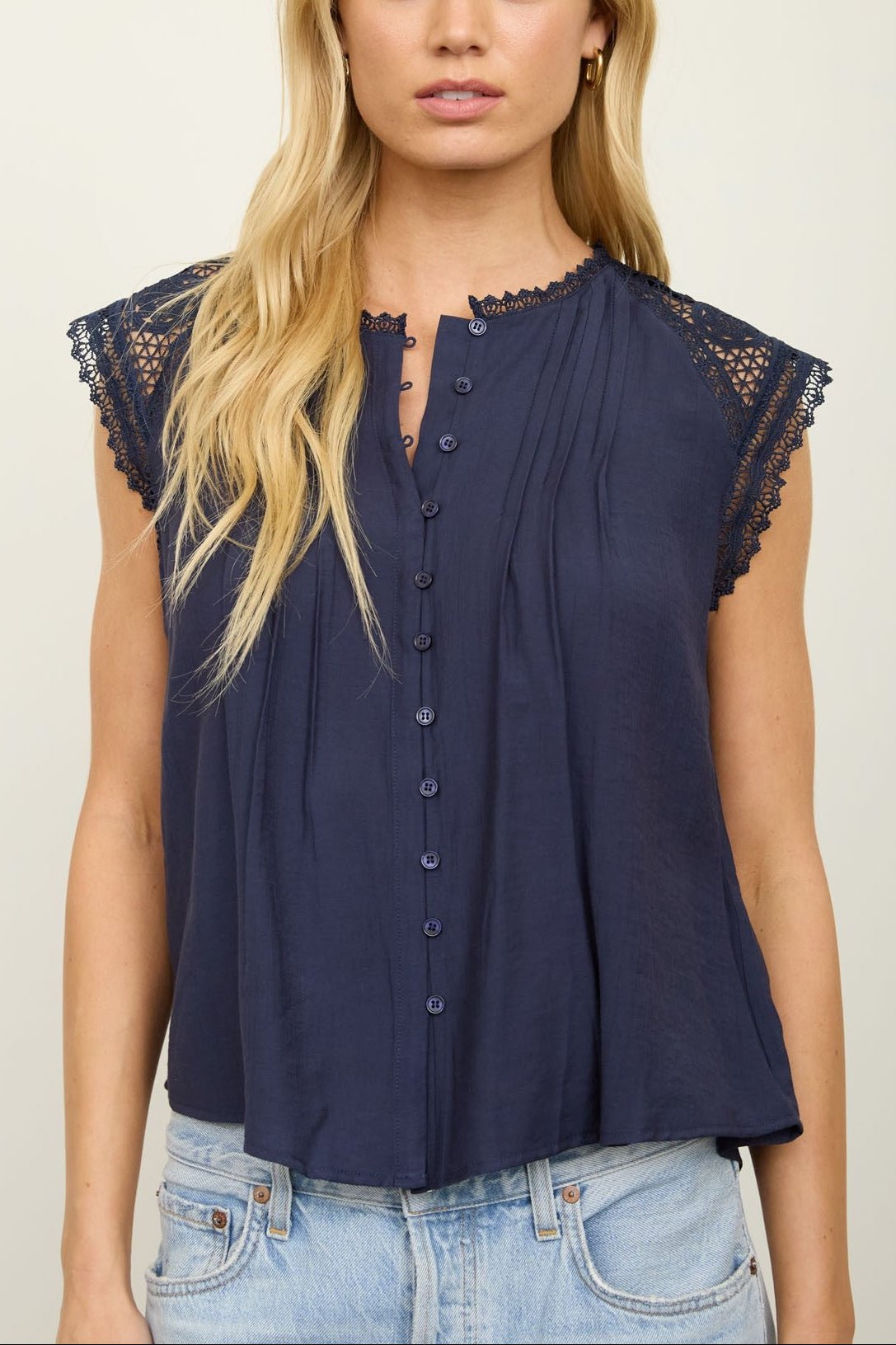 Soft Flow Lace Detail Button Front Blouse - MTT Collective