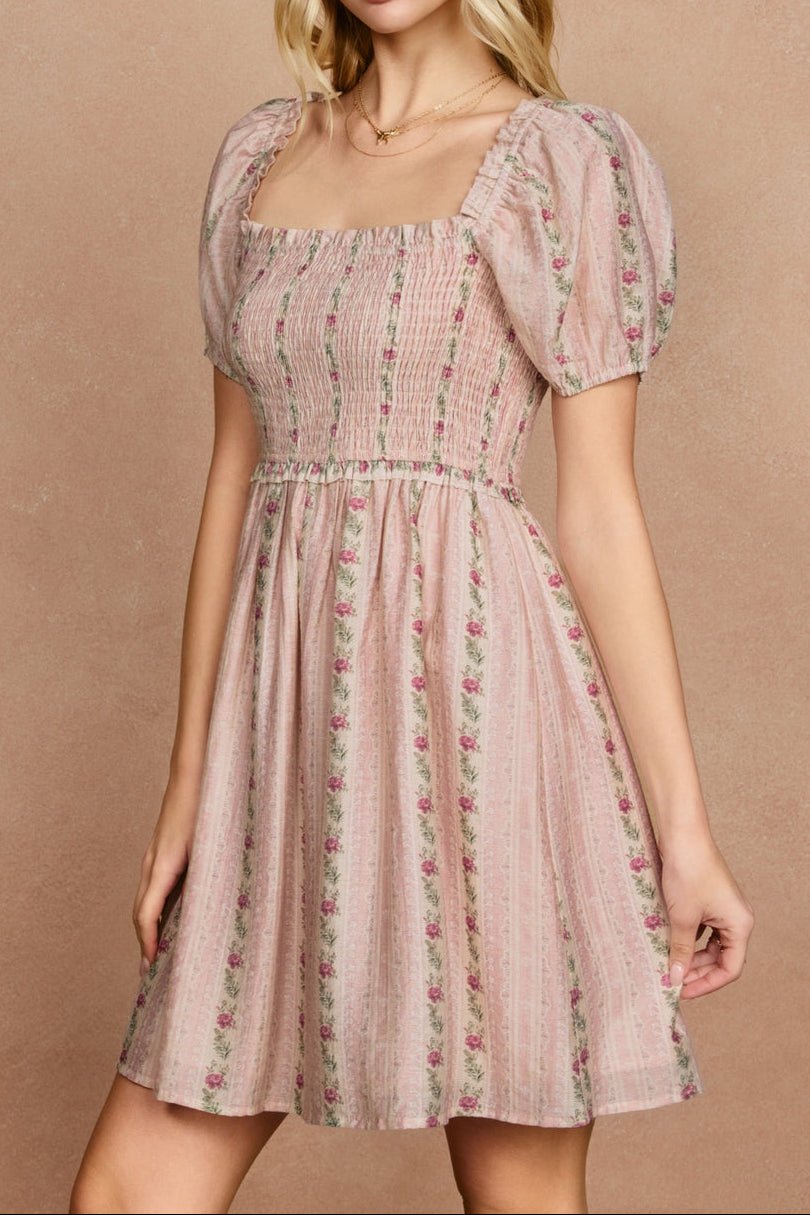 Striped Romance Puff Sleeve Smocked Mini Dress - MTT Collective