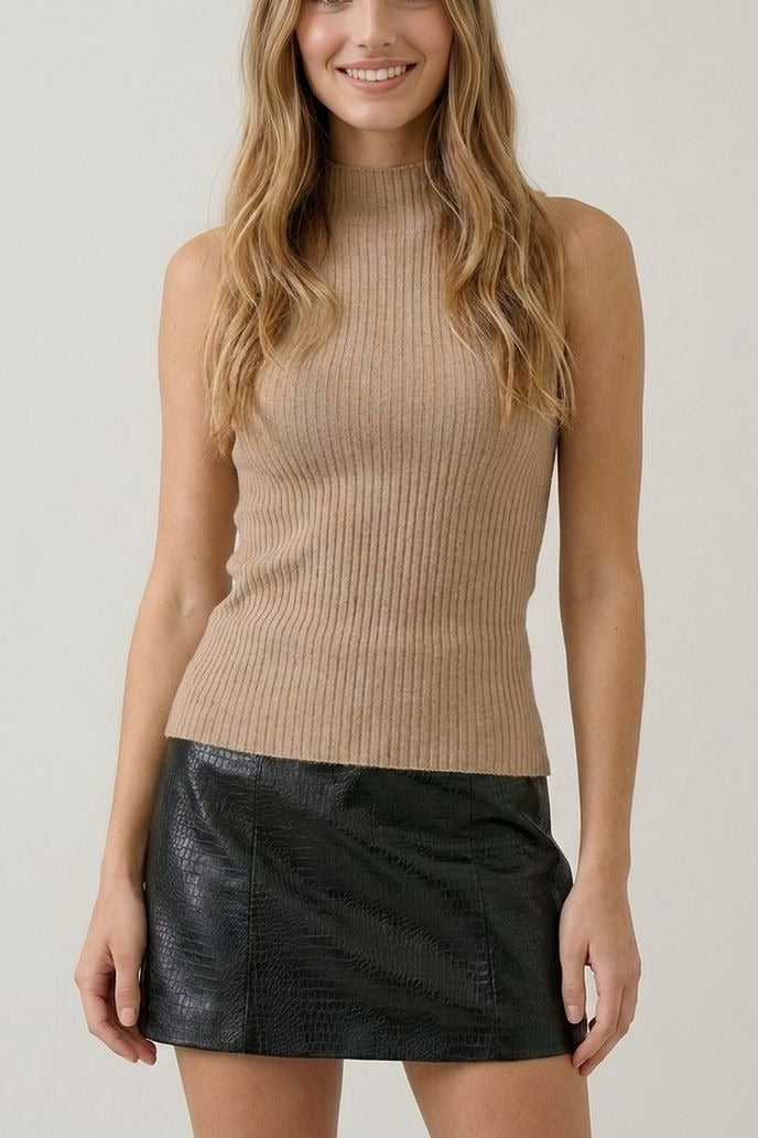 Tan sleeveless turtleneck knit top, front view