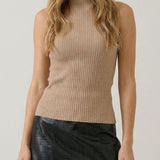 Tan sleeveless turtleneck knit top, front view
