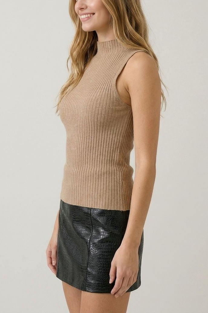 Tan sleeveless turtleneck knit top, side view