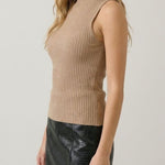 Tan sleeveless turtleneck knit top, side view