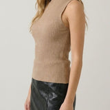 Tan sleeveless turtleneck knit top, side view