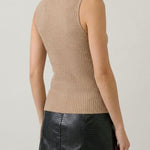 Tan sleeveless turtleneck knit top, back view