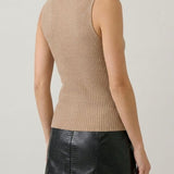Tan sleeveless turtleneck knit top, back view