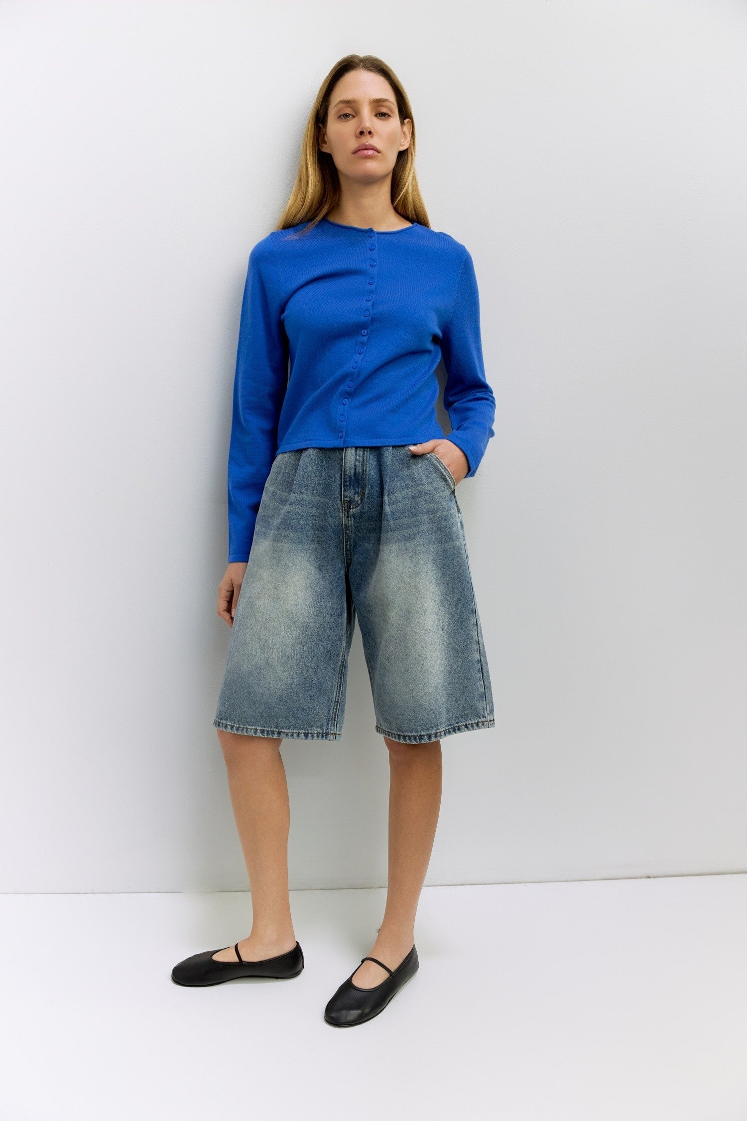 Cambria Rolled Neck Cardigan in blue