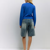 Cambria Rolled Neck Cardigan in blue, side view