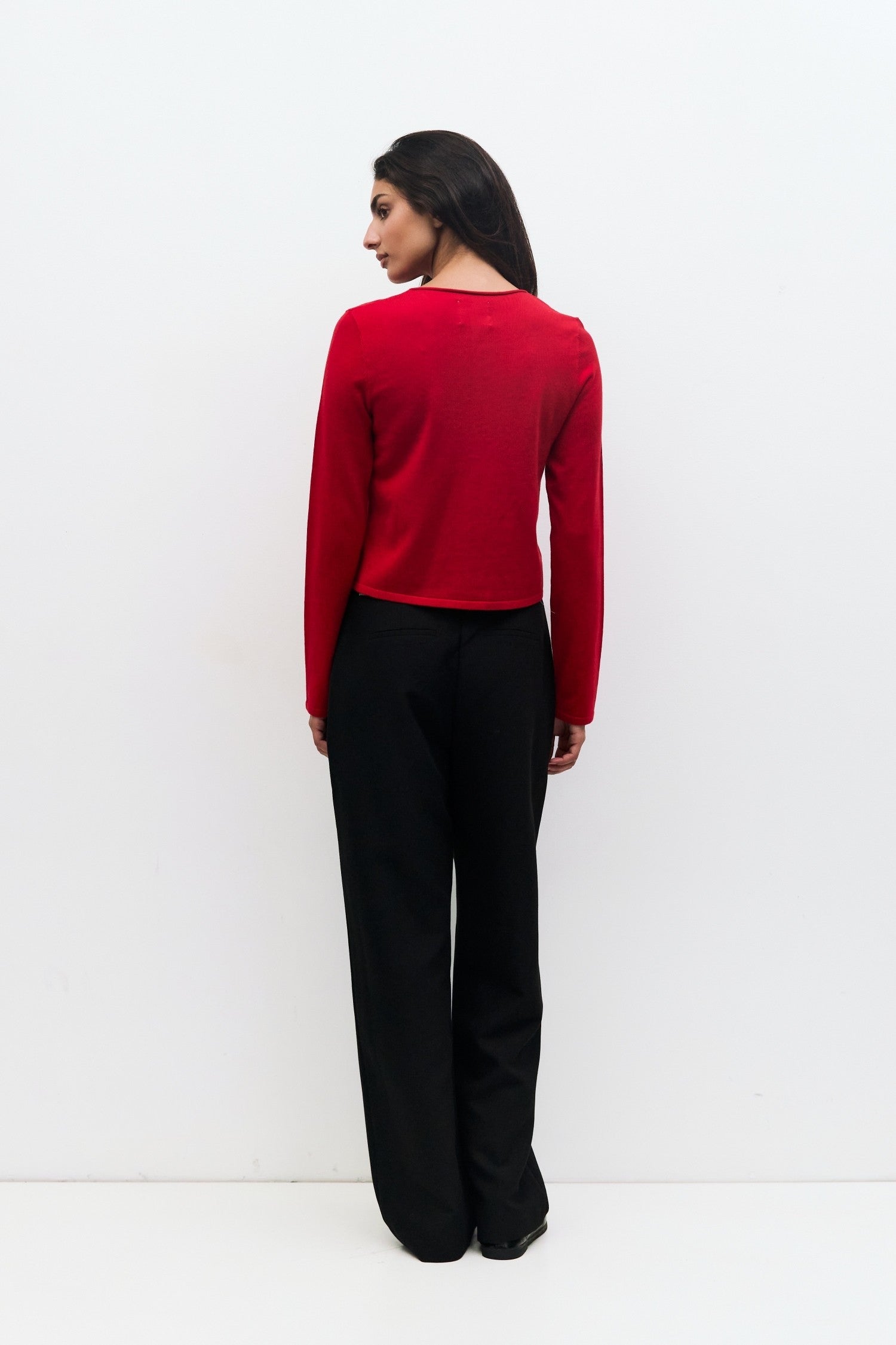 Cambria Rolled Neck Cardigan in red, side view