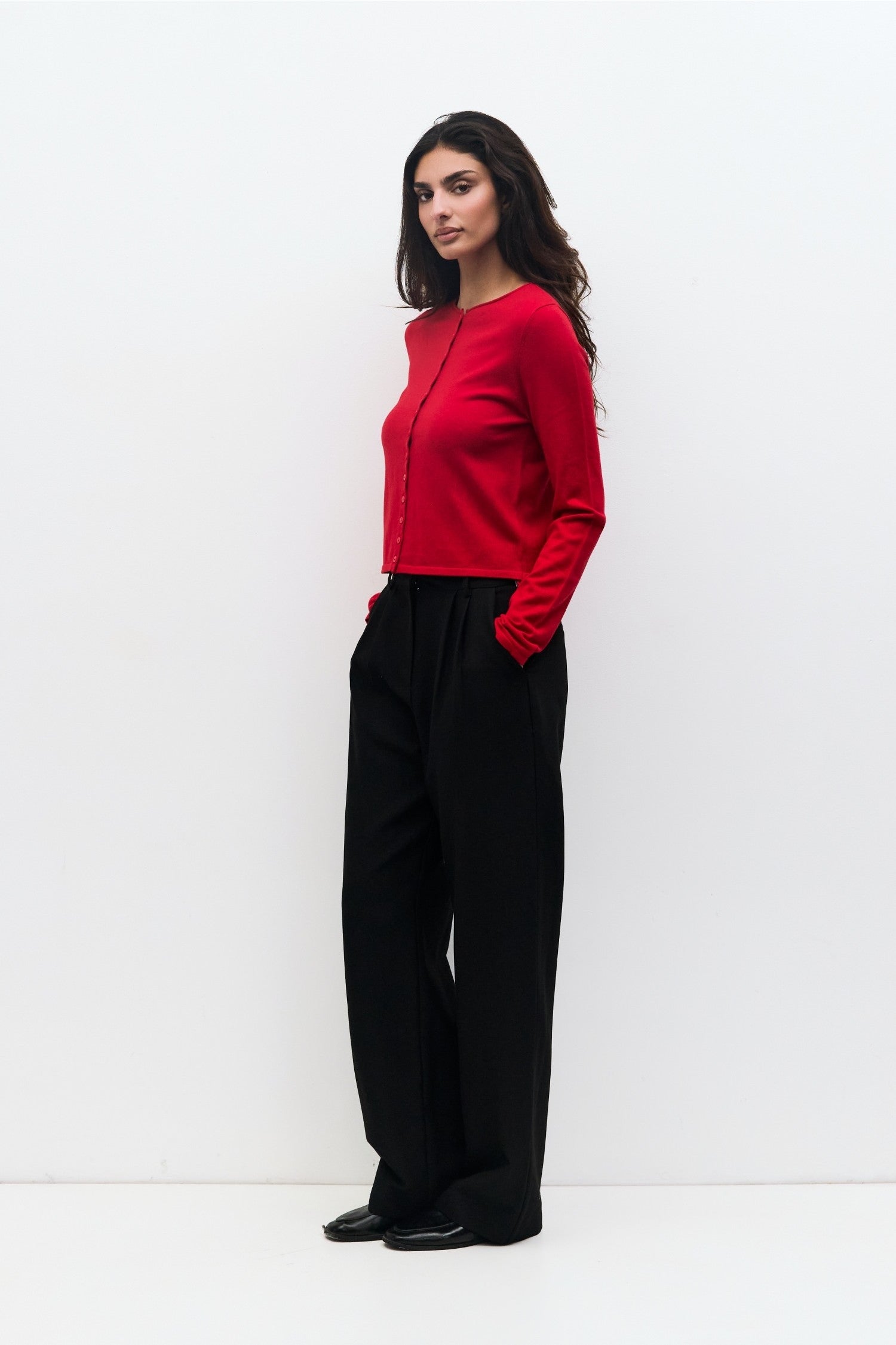 Cambria Rolled Neck Cardigan in red, back view