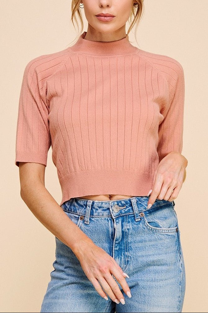 The Brielle Ribbed Mock - Neck Elbow Sleeve Top - MTT Collective