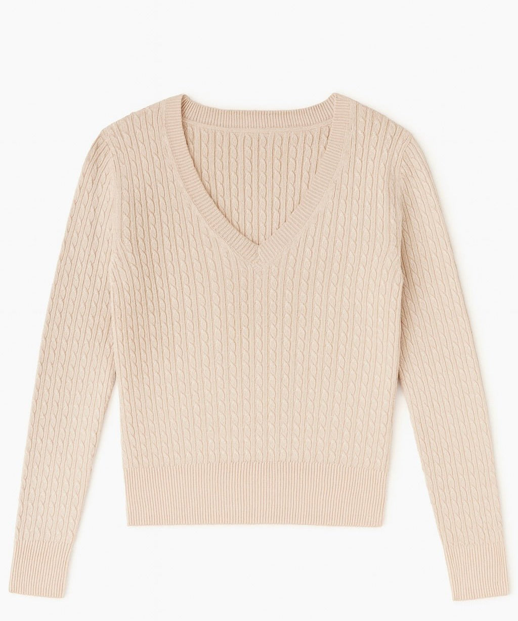 The Lila Cable Knit V - Neck Sweater - MTT Collective