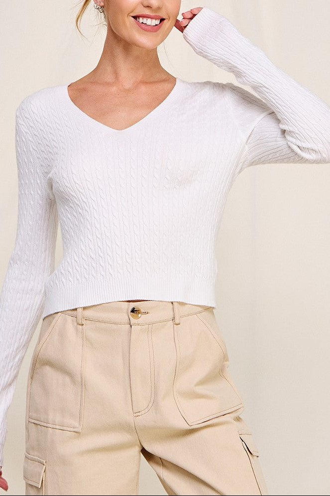 The Lila Cable Knit V - Neck Sweater - MTT Collective