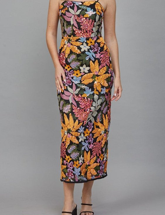 Valerie Floral Sequin Embroidered Midi Dress - MTT Collective