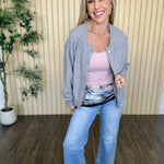 Melanie Clean Line Square Cami in Pearl Blush under a grey cardigan with a belt bag