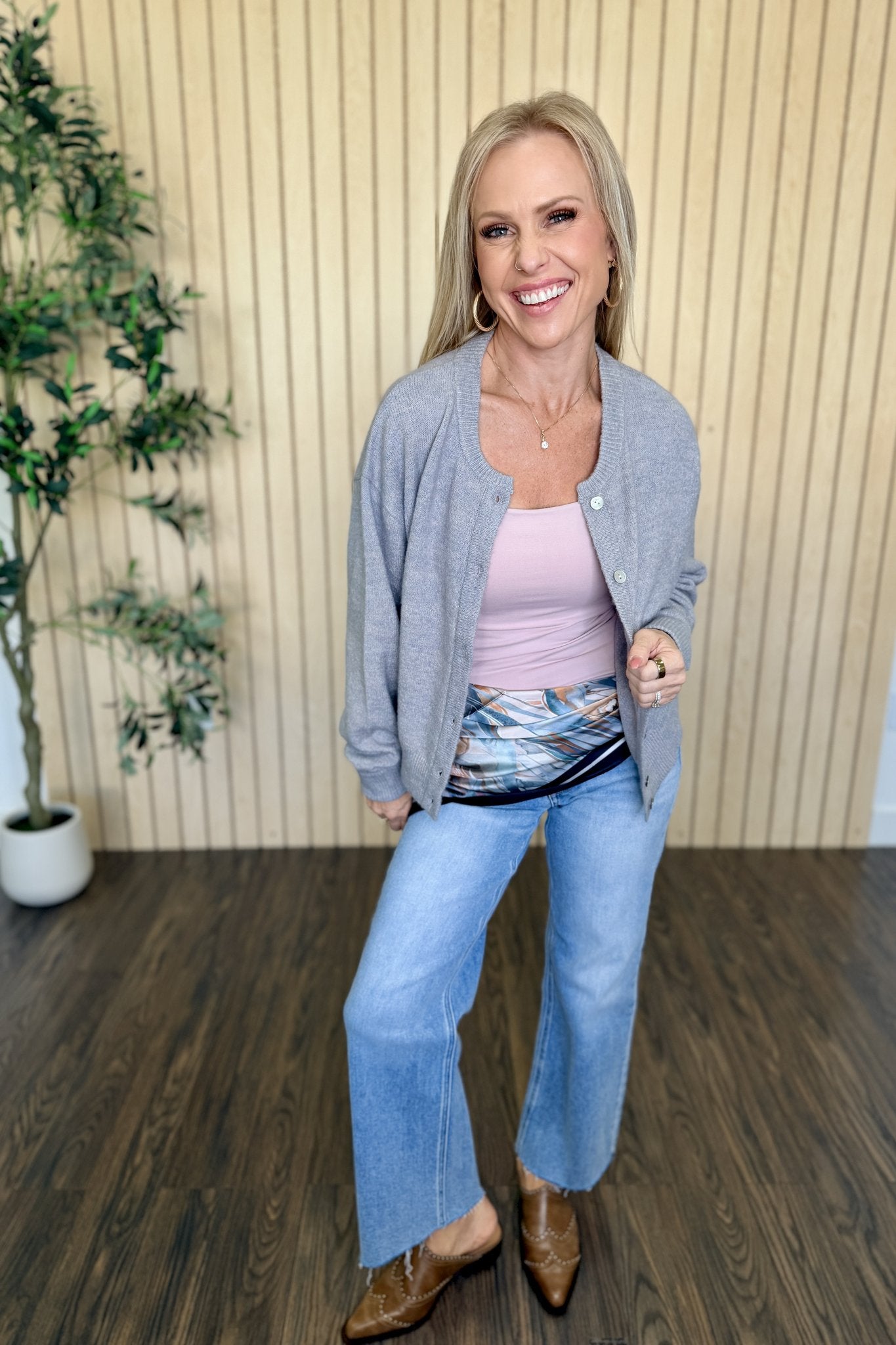 Melanie Clean Line Square Cami in Pearl Blush under a grey cardigan with a belt bag