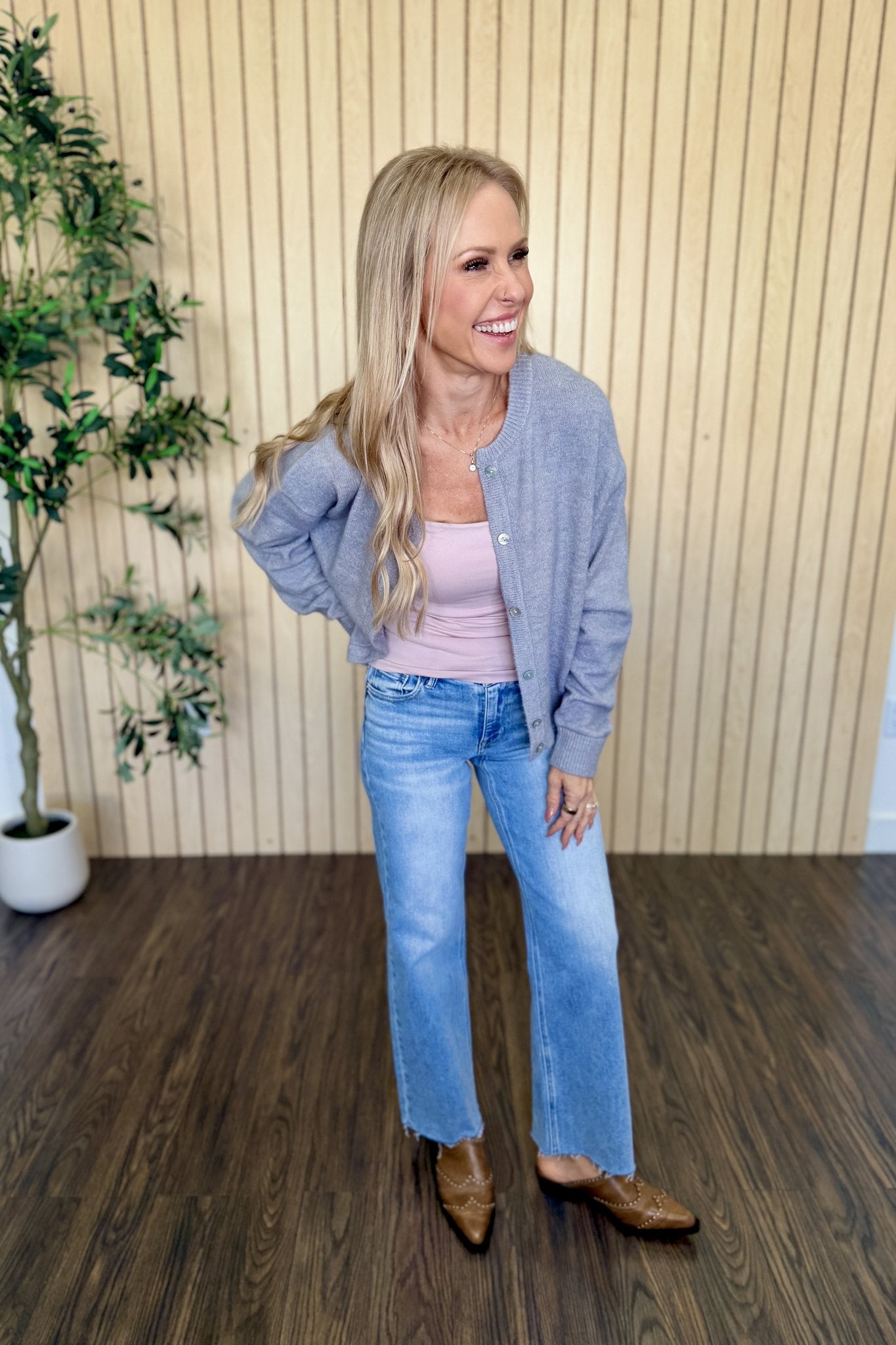 Melanie Clean Line Square Cami in Pearl Blush under a grey cardigan, three-quarter view