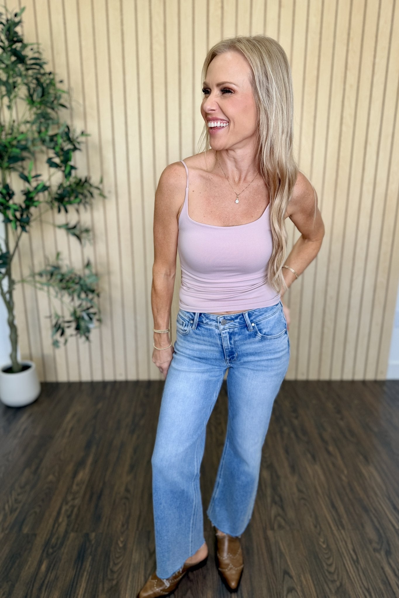 Melanie Clean Line Square Cami in Pearl Blush with light-wash jeans, front view