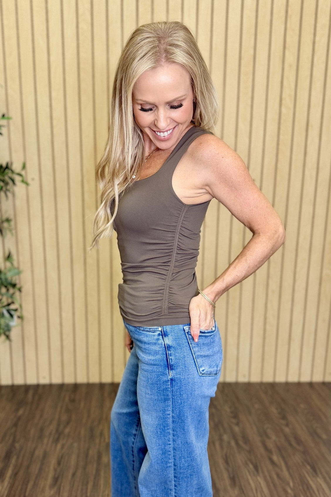 Carly Clean Line Square Shirred Top in Earth Olive, three-quarter view