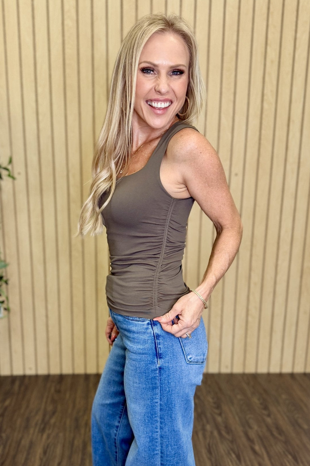 Carly Clean Line Square Shirred Top in Earth Olive, side view