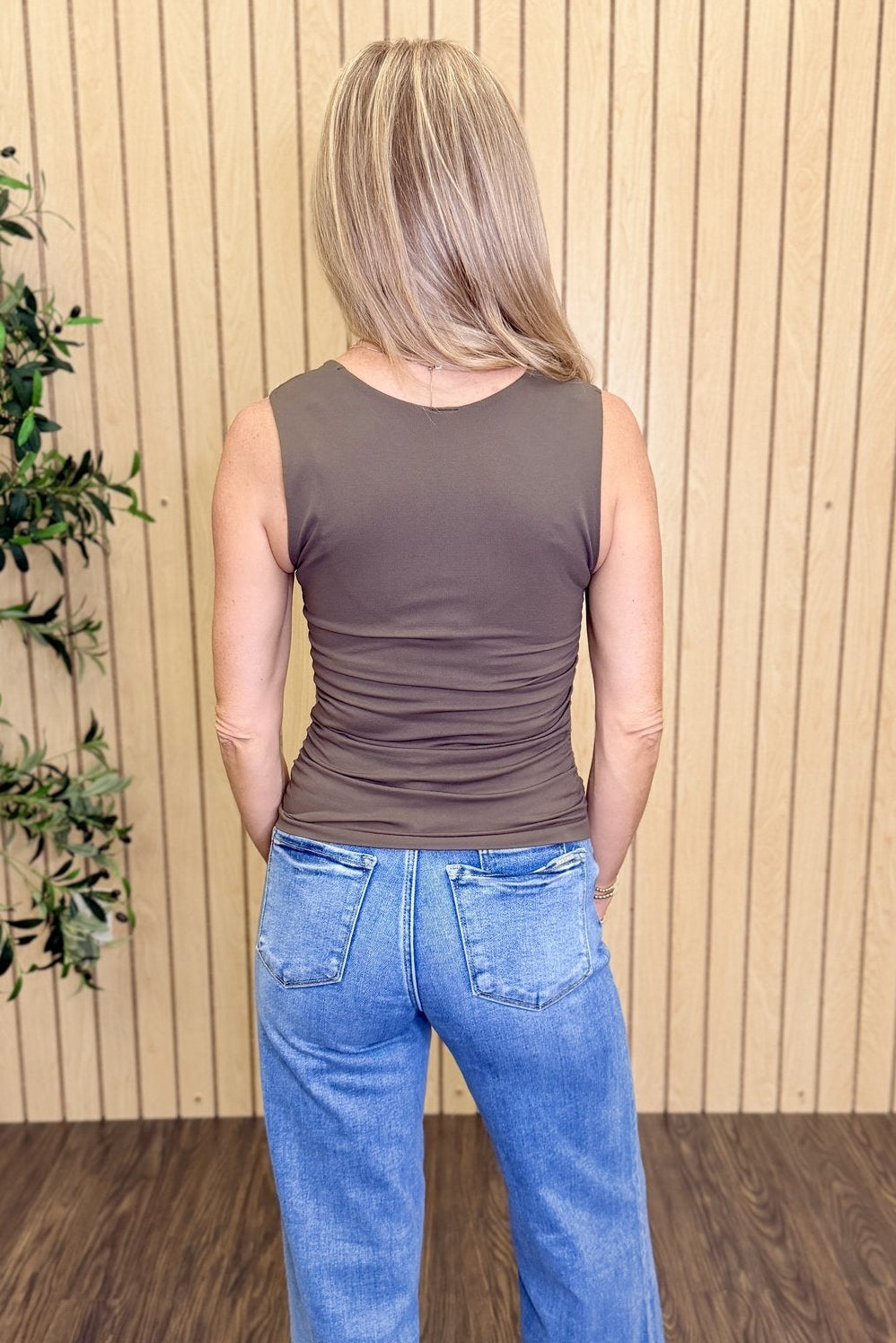 Carly Clean Line Square Shirred Top in Earth Olive, back view