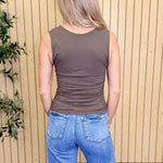 Carly Clean Line Square Shirred Top in Earth Olive, back view