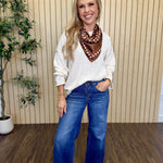 Sequoia Textured Raw Edge Sweater in Oatmeal styled on model