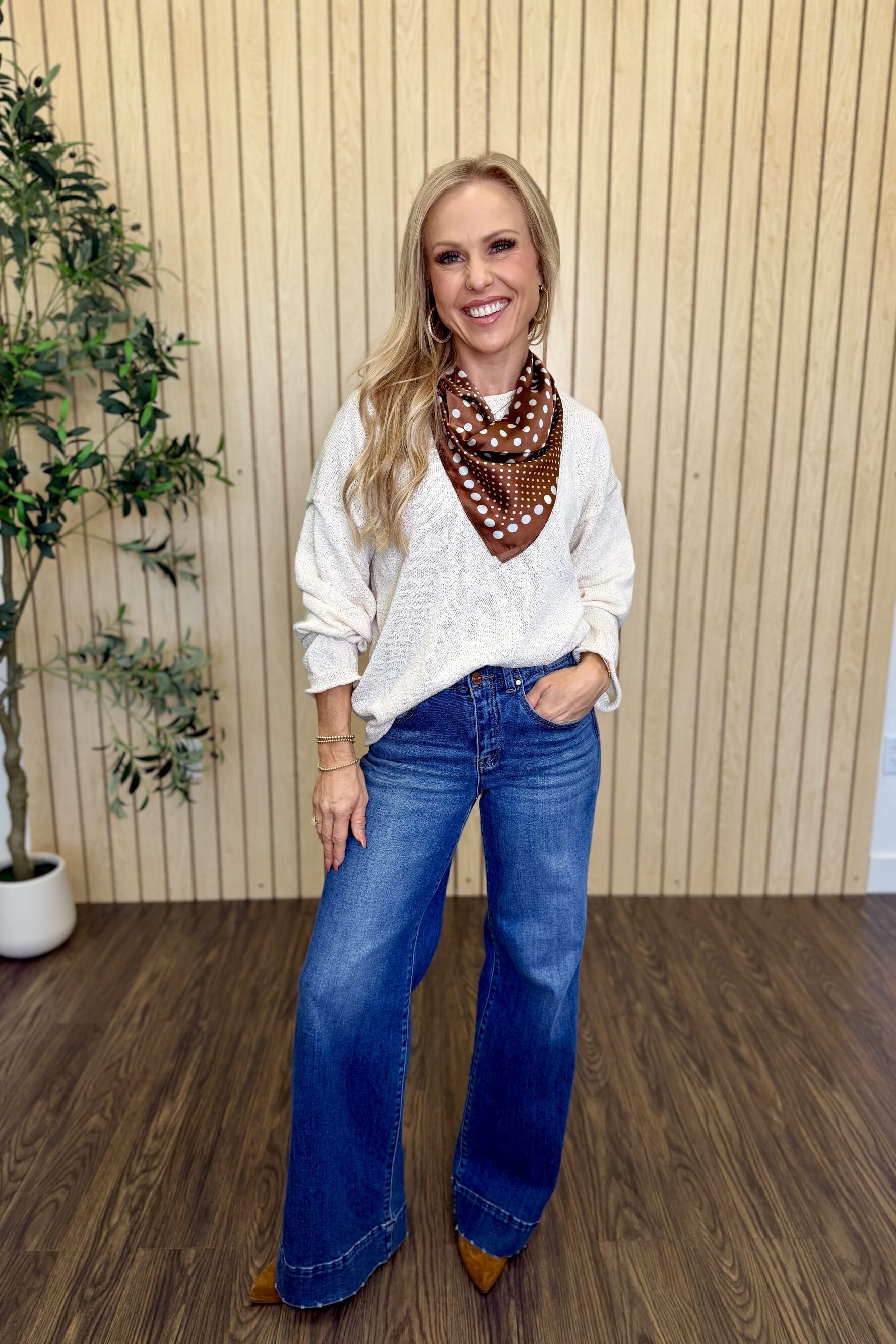 Sequoia Textured Raw Edge Sweater in Oatmeal styled on model