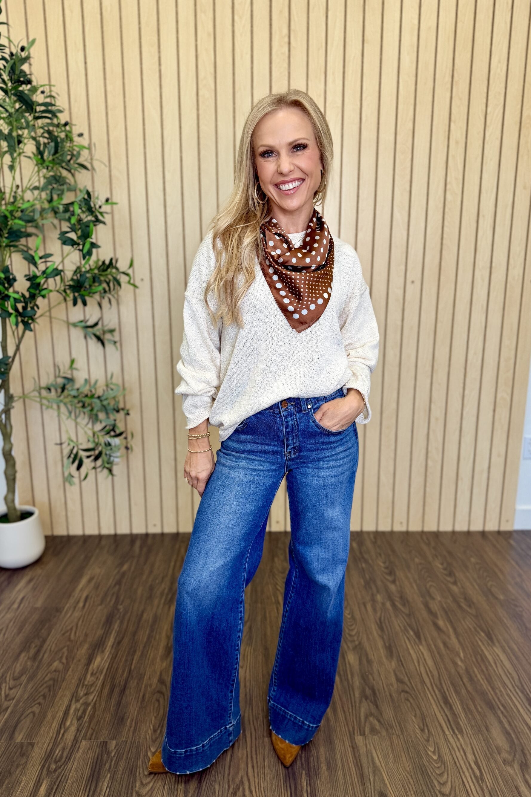 Sequoia Textured Raw Edge Sweater in Oatmeal styled on model