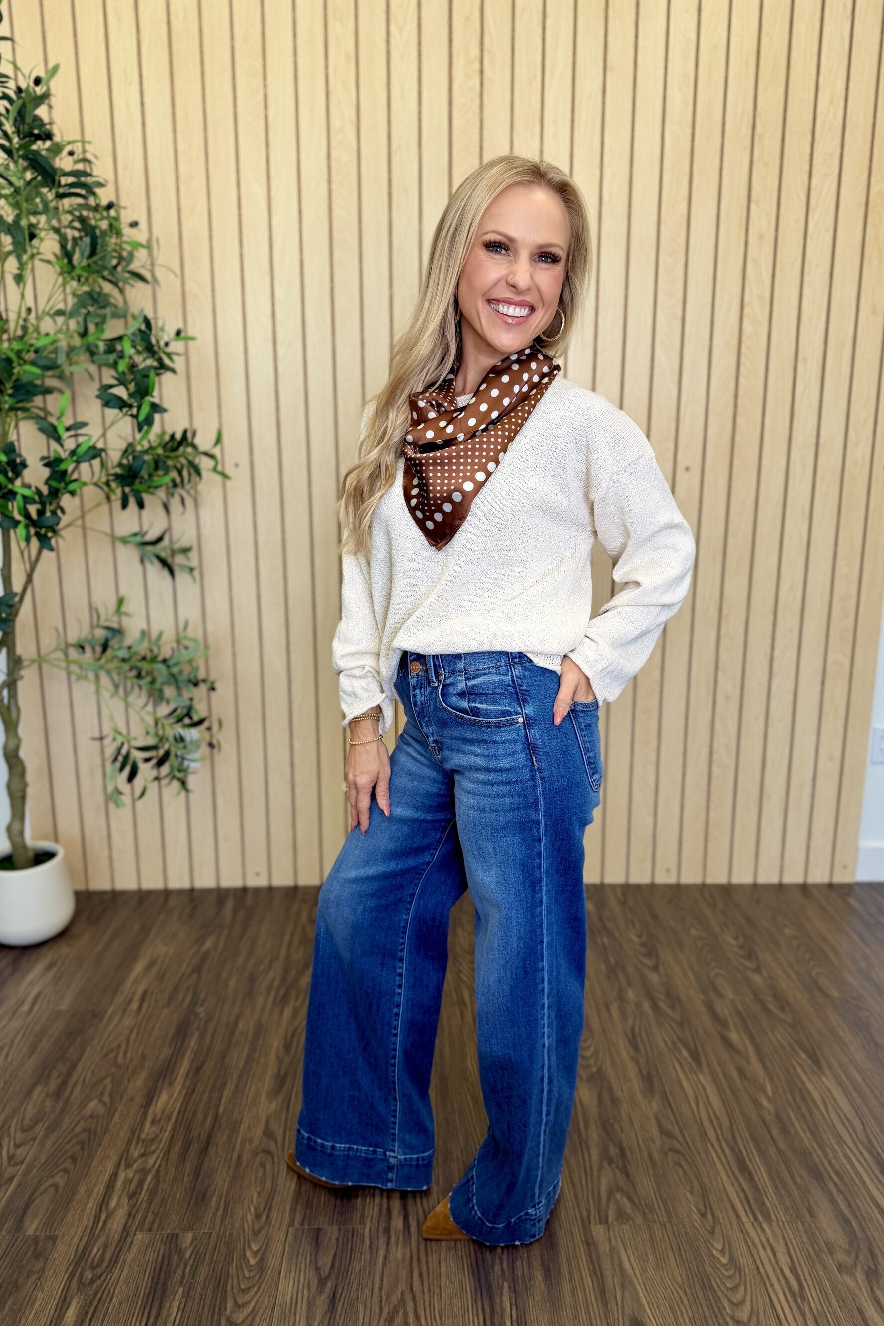 Sequoia Textured Raw Edge Sweater in Oatmeal styled on model