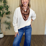 Sequoia Textured Raw Edge Sweater in Oatmeal styled on model