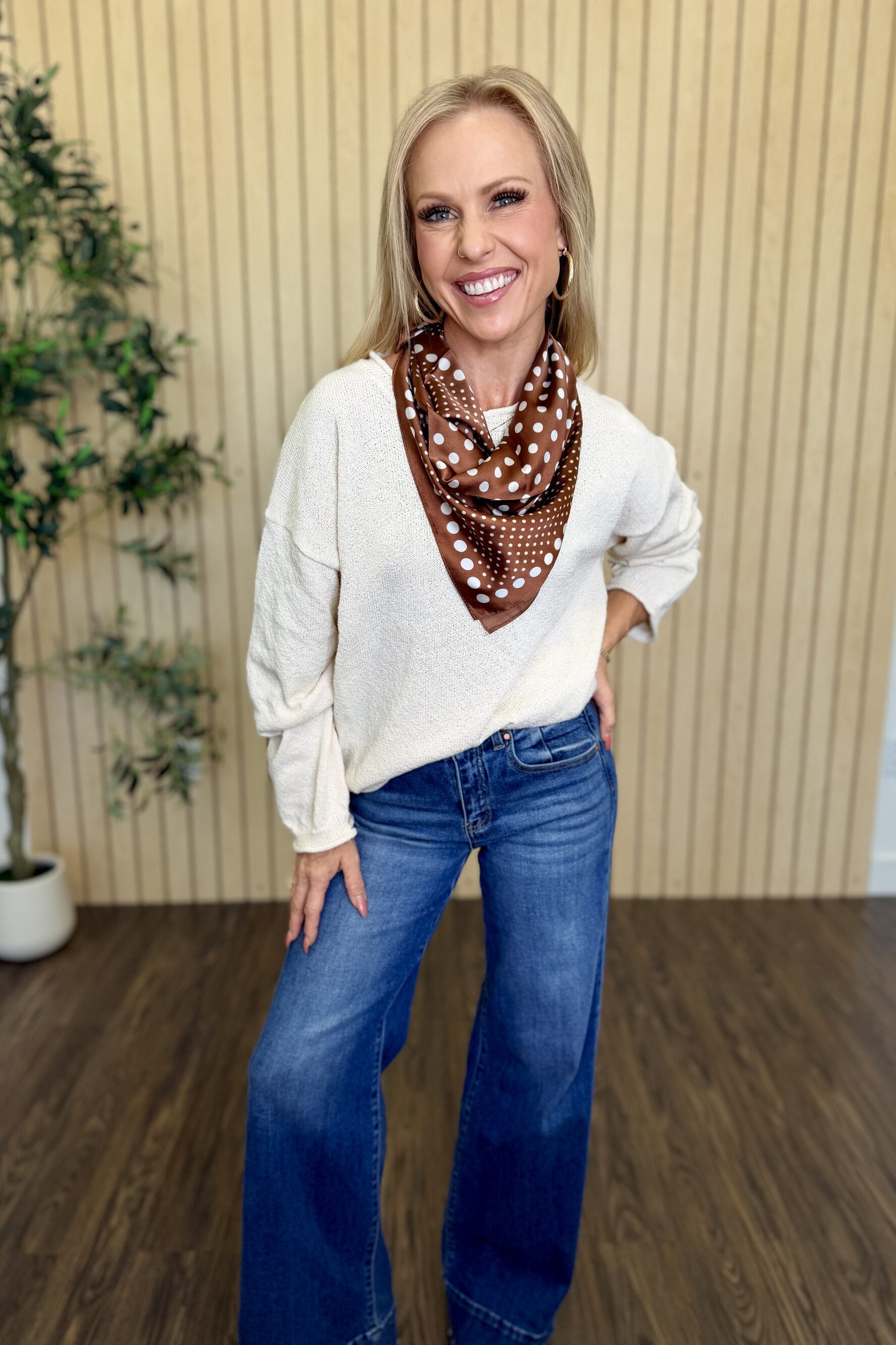 Sequoia Textured Raw Edge Sweater in Oatmeal styled on model