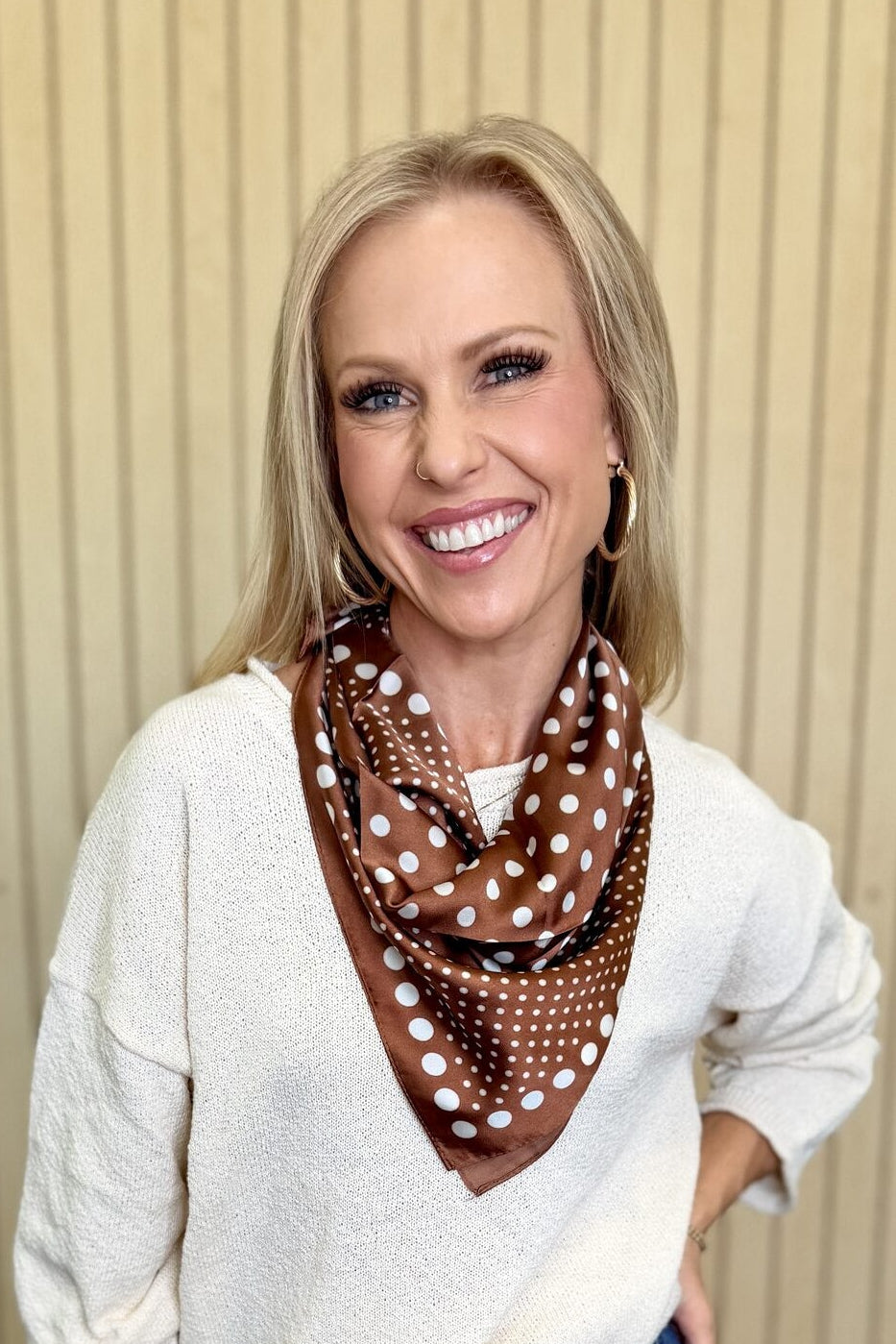 Cypress Ombre Dot Satin Scarf in Brown styled on model