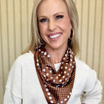 Cypress Ombre Dot Satin Scarf in Brown styled on model